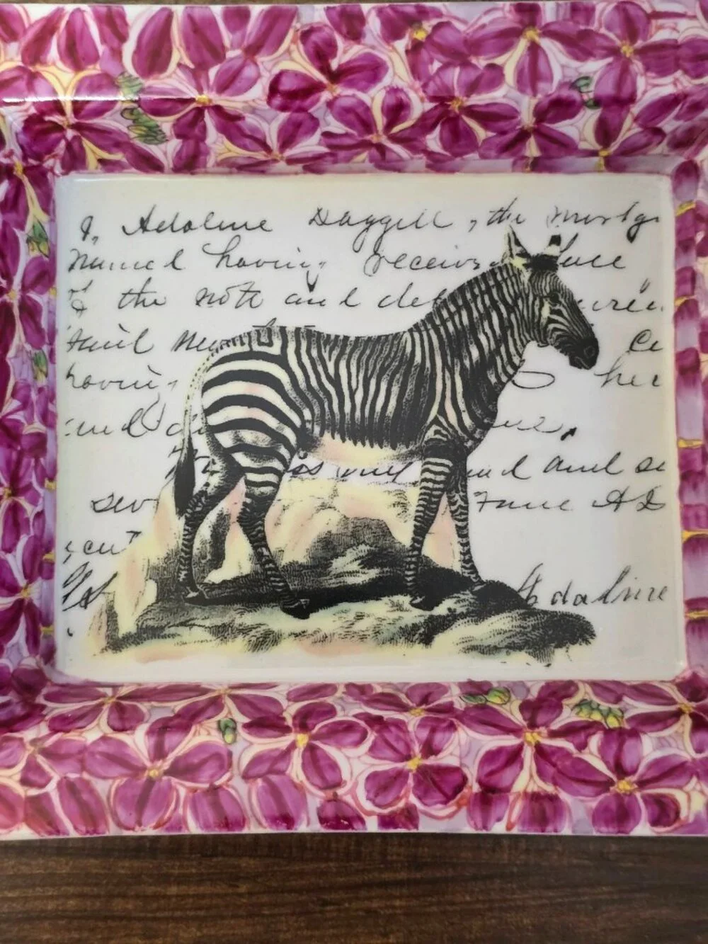 John Derian Hand-Painted Ceramic Desk Tray Catchall Zebra Script Purple Floral - Picture 2 of 9